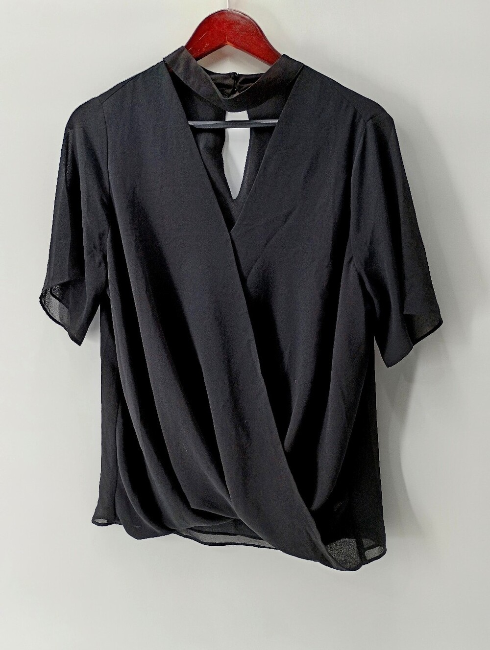 Naked Zebra Womens Large Black Pullover V-neck Sheer Layered Drape Front Blouse